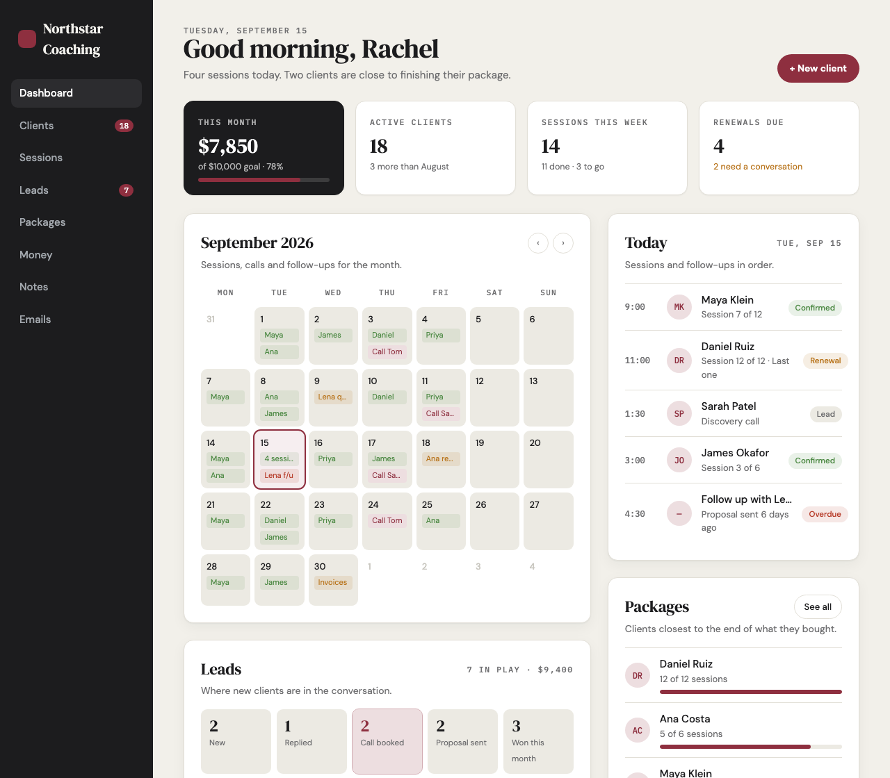 A coach's CRM dashboard: this month's income against the goal, active clients, a calendar of sessions, today's schedule, packages and leads by stage